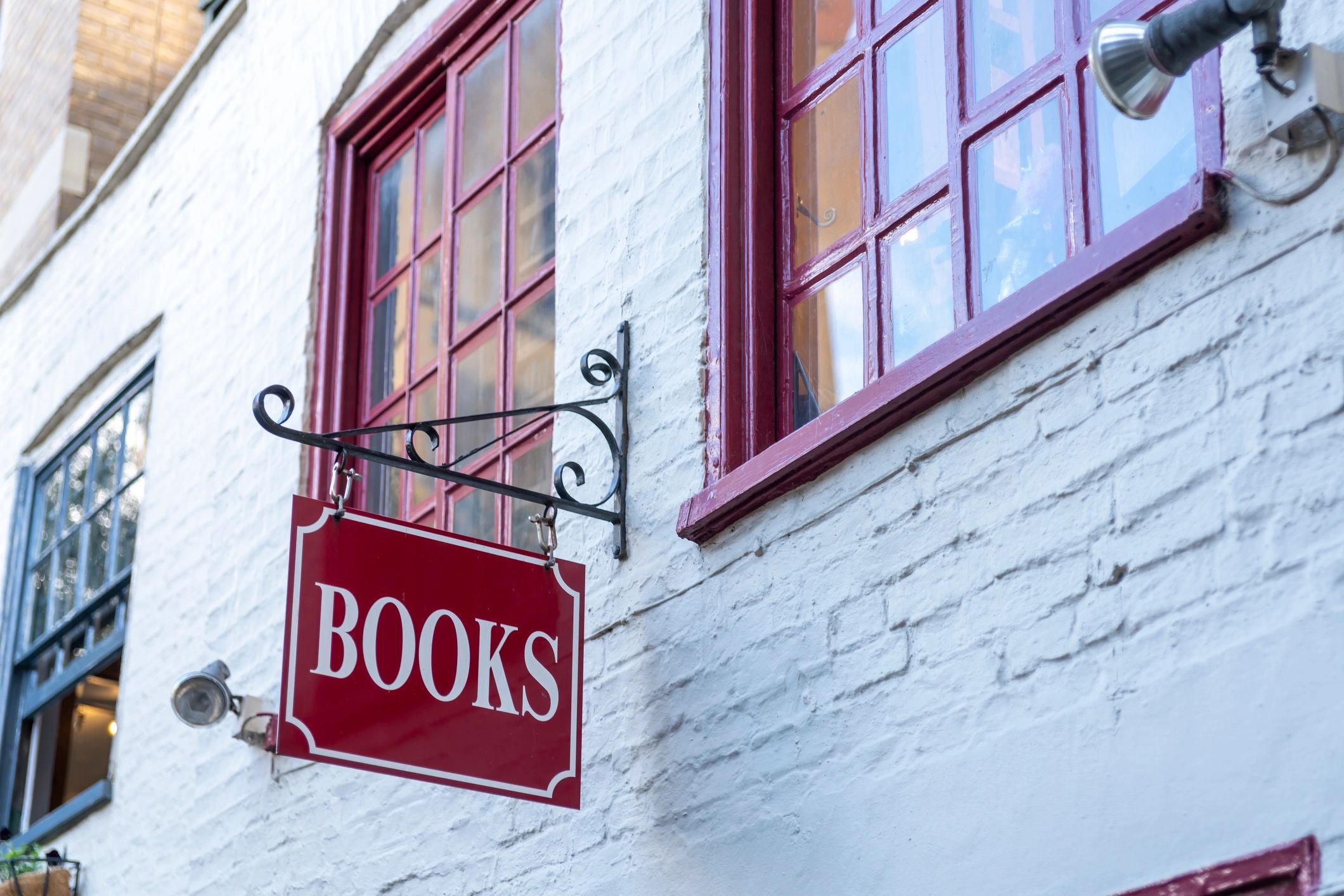 Bookshop exterior sign mounted above storefront